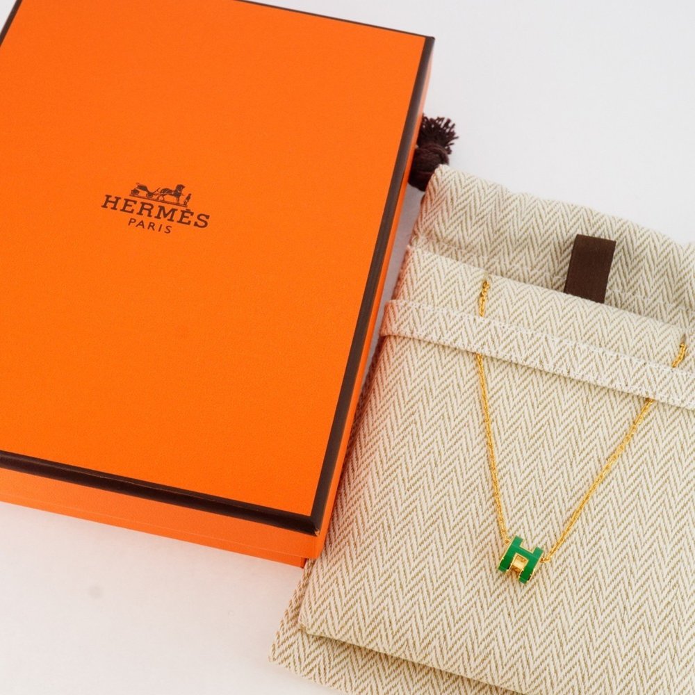 Hermes Necklace Pop Ash GP Plated Gold Green Ladies - Picture 6 of 6